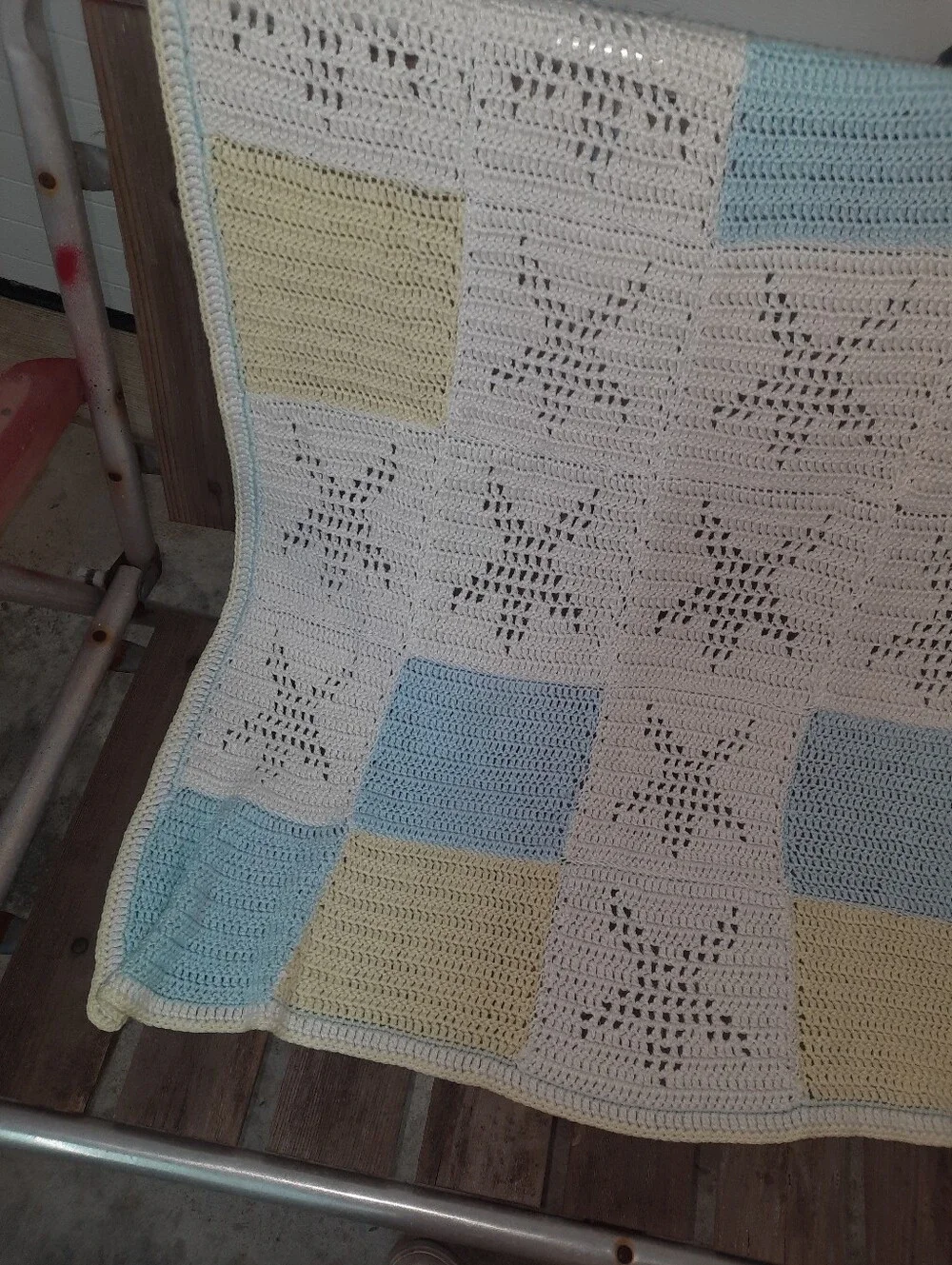 Handmade Crochet Star Baby Blanket in White, Blue & Yellow